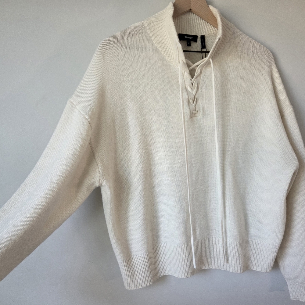 Theory Ivory Cashmere Lace Up Mock Neck Sweater Womens Size Medium - Picture 3 of 11